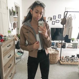 Brown Faux Leather Jacket with Athleisure Hood